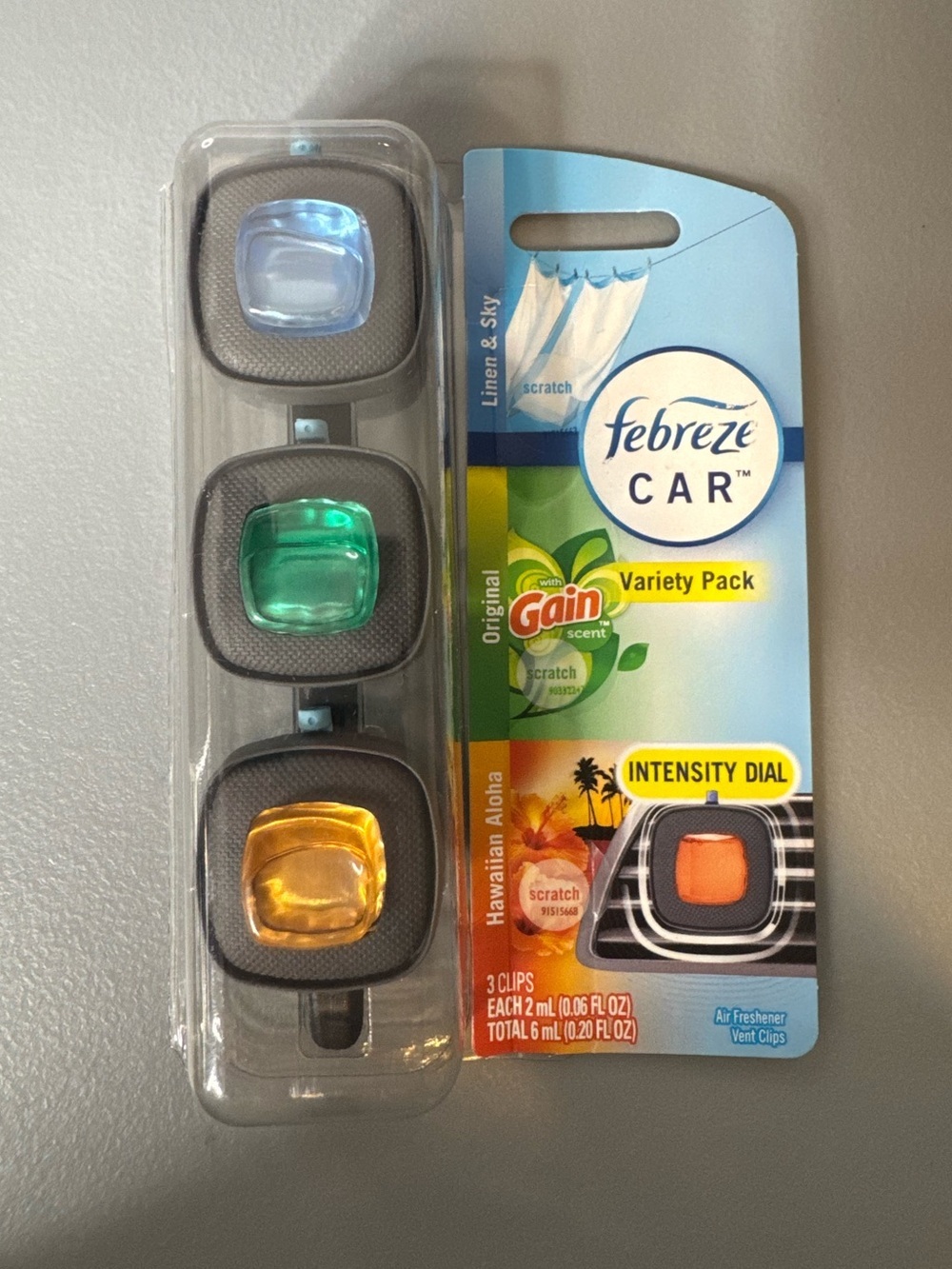 Febreze Car Vent Clips Variety Pack - Light Blue, Green, Amber gain linen aloha